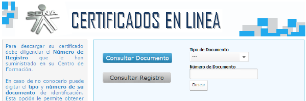 Selección de opciones del Certificado Seleccionar documento de identidad para bajar el certificado del SENA
